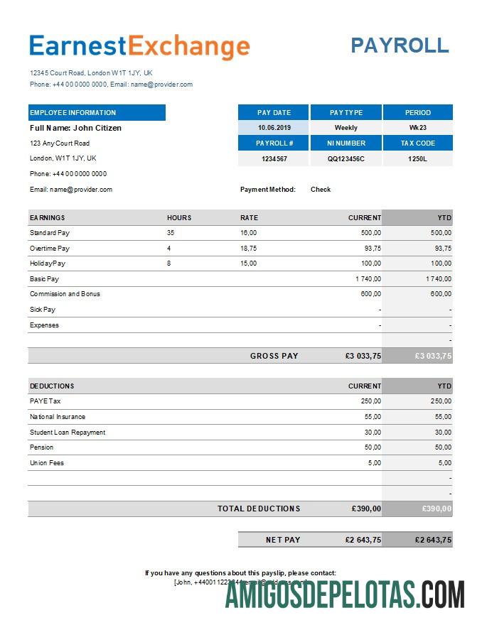 Imprimível Modelo de folha de pagamento de empresa de câmbio em formatos Excel e PDF